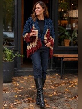 Rat and Boa • Shaggy Fringe Crochet Cardigan Jacket Blue Red Cream Boho
